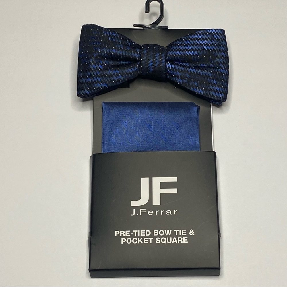 J. Ferrar Pretied Blue Black Bow Tie With Pocket Square Adjustable Formal New